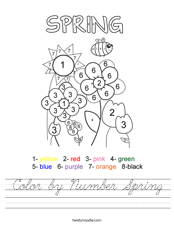 Color by Number Spring Worksheet - Cursive - Twisty Noodle
