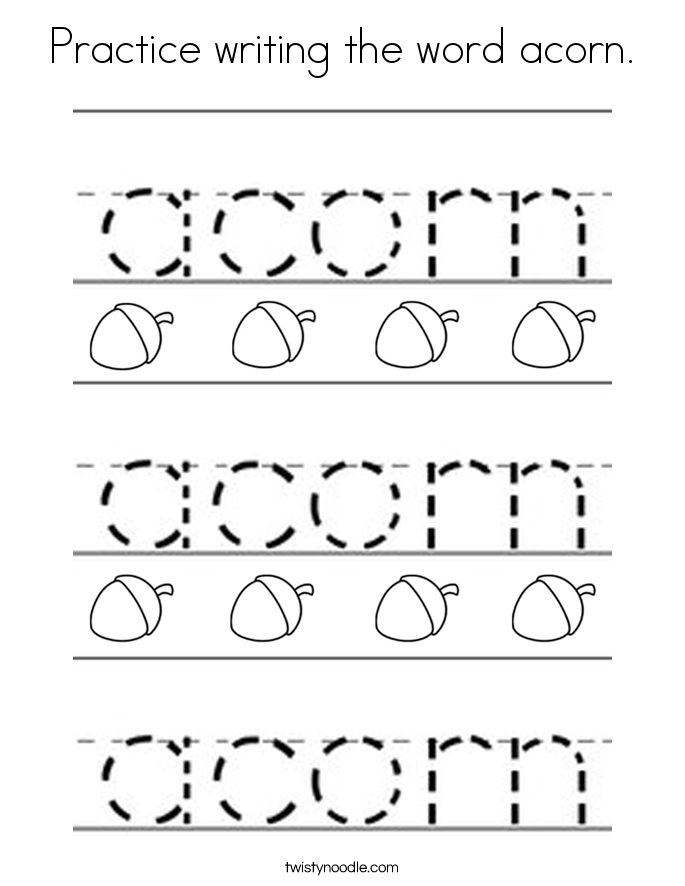 practice writing the word acorn coloring page