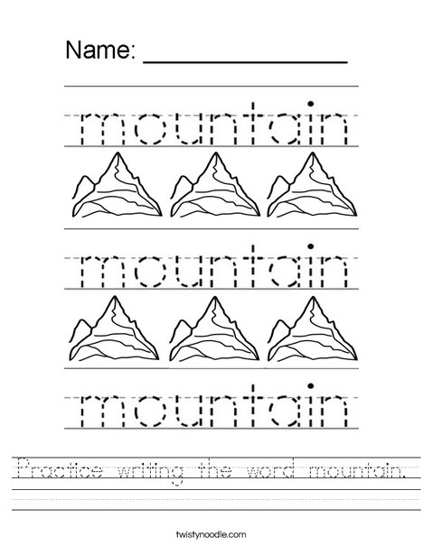 kindergarten worksheets for animals mountain Twisty Noodle Worksheet Practice the  writing  word