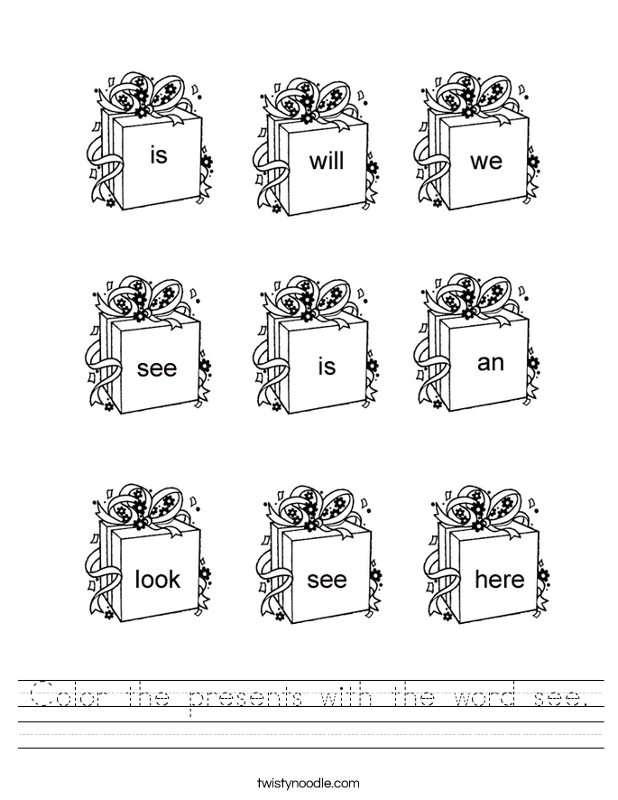 presents Noodle worksheets Worksheet with d'nealian word the  word Color  sight  the see Twisty