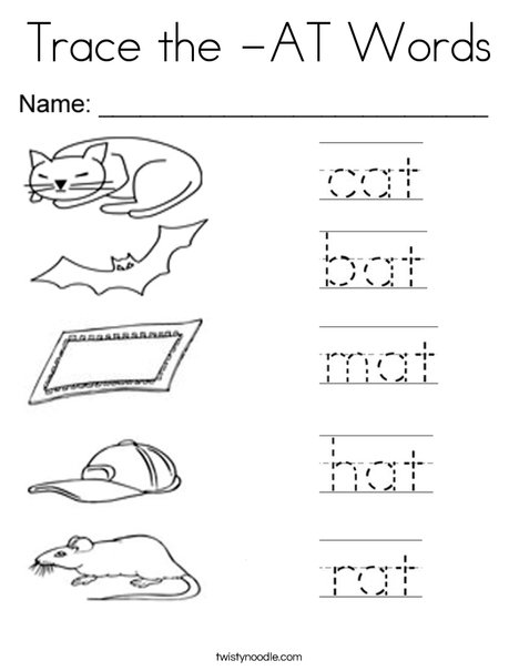 Trace the -AT Words Coloring Page - Twisty Noodle