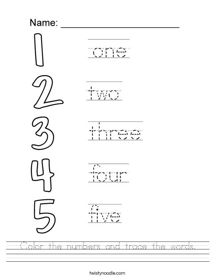 Color The Numbers And Trace The Words Worksheet Twisty Noodle