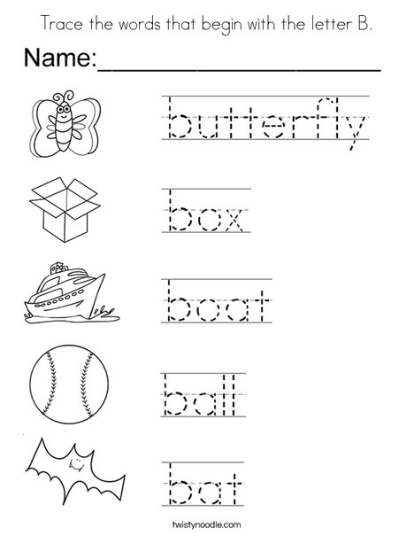 Trace the words that begin with the letter B Coloring Page - Twisty Noodle