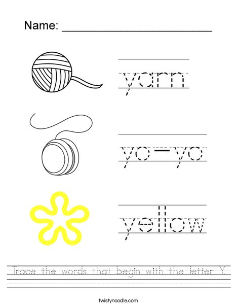 trace the words that begin with the letter y worksheet twisty noodle words that begin with the letter y