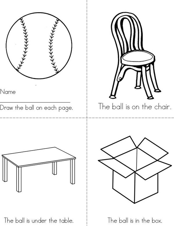 Draw the ball (on, under, in, by, out) Mini Book - Sheet 1