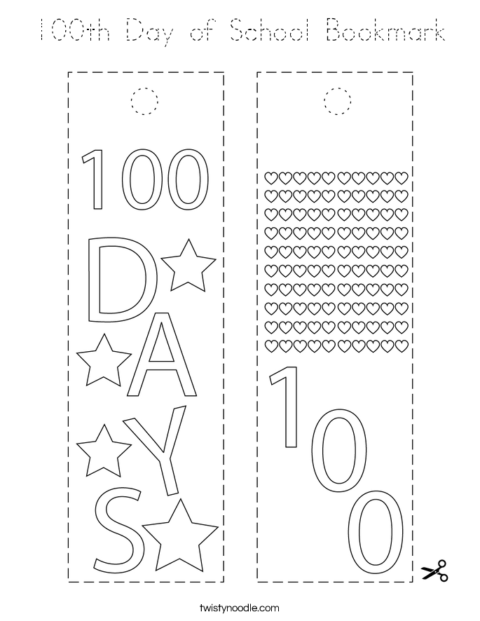 100th Day of School Bookmark Coloring Page
