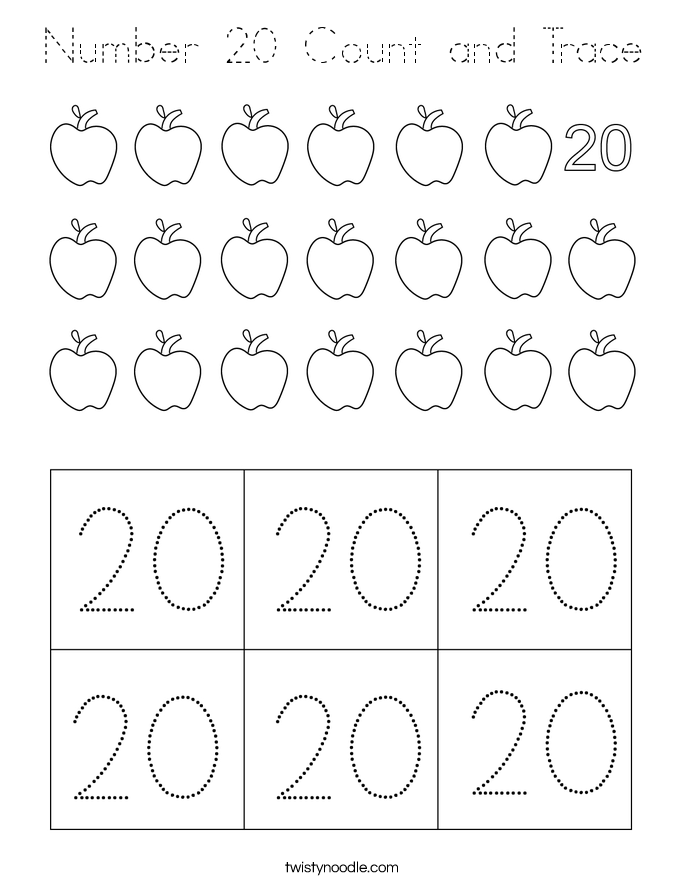 Number 20 Count and Trace Coloring Page