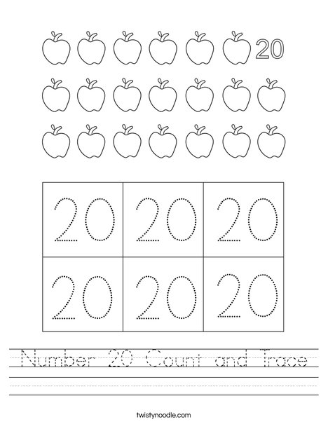 Number 20 Count And Trace Worksheet Twisty Noodle