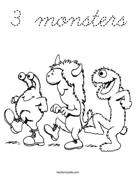 3 Monsters Walking Coloring Page