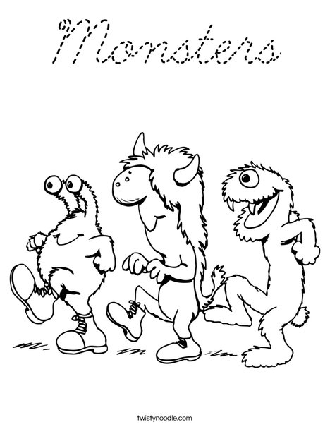 3 Monsters Walking Coloring Page