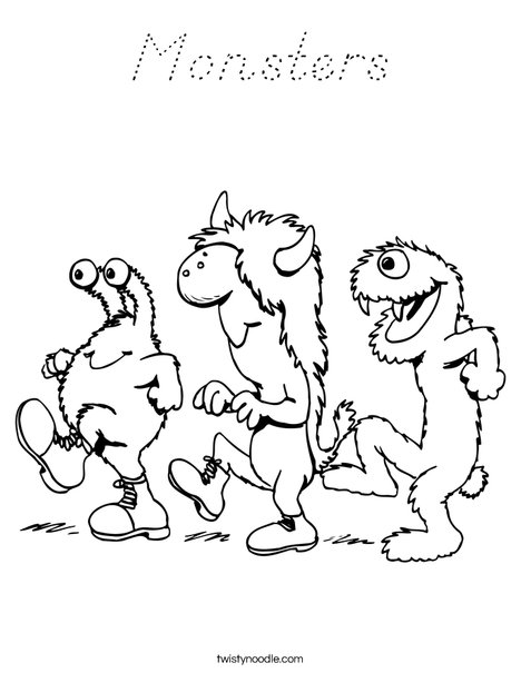 3 Monsters Walking Coloring Page