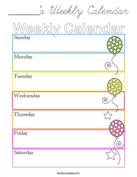 _______'s Weekly Calendar Coloring Page