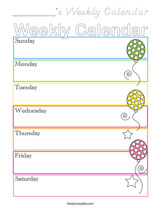 ________'s Weekly Calendar Coloring Page
