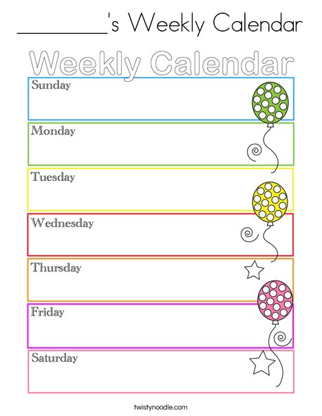 _______'s Weekly Calendar Coloring Page