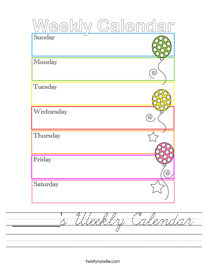________'s Weekly Calendar Worksheet