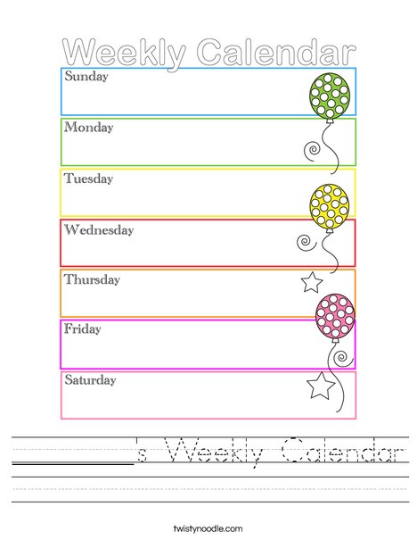 _______'s Weekly Calendar Worksheet