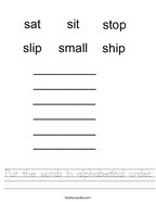 Put the words in alphabetical order Handwriting Sheet