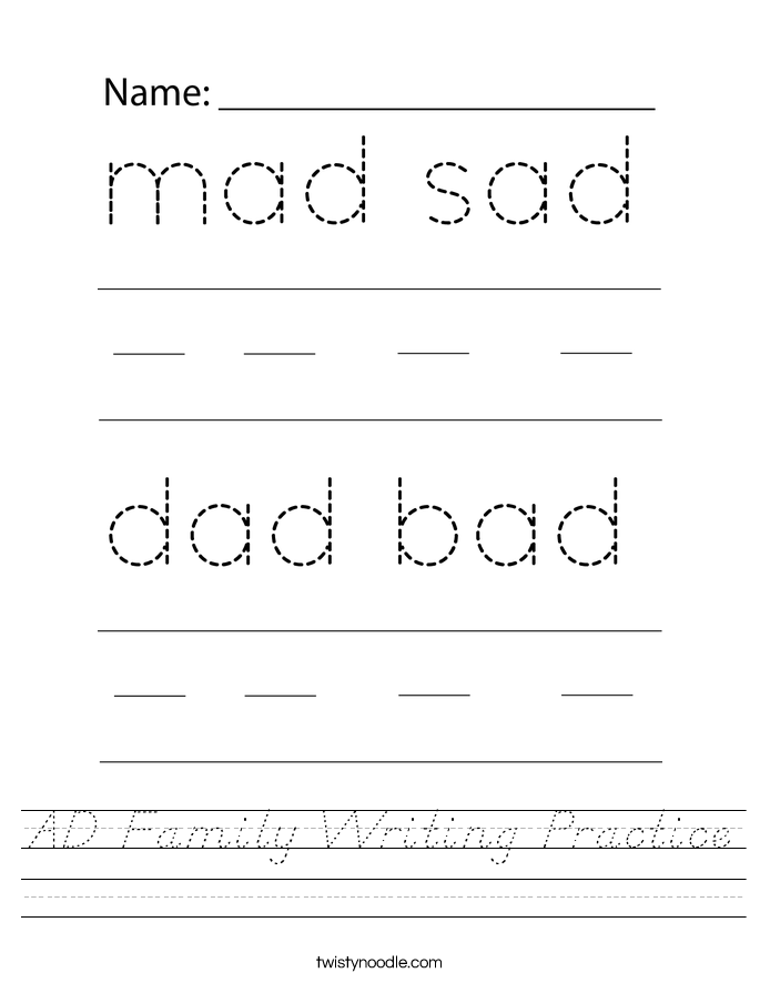 AD Family Writing Practice Worksheet