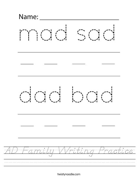 AD Family Writing Practice Worksheet