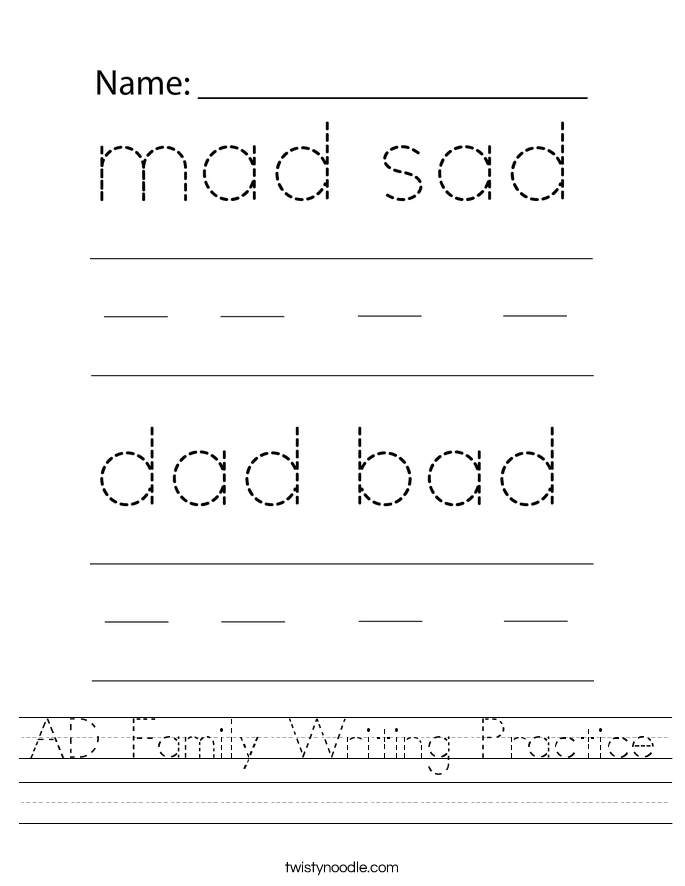 AD Family Writing Practice Worksheet