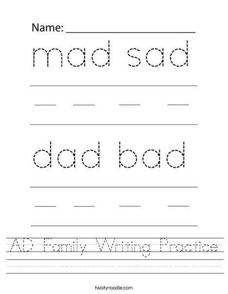 AD Family Writing Practice Worksheet