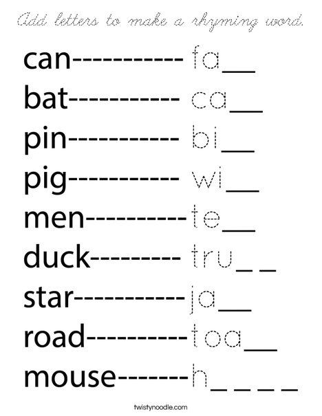 Add letters to make a rhyming word. Coloring Page