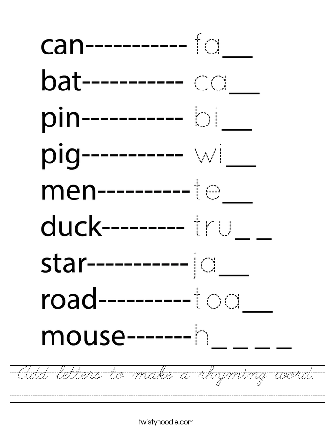 Add letters to make a rhyming word. Worksheet