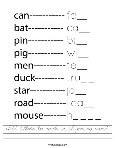 Add letters to make a rhyming word. Worksheet