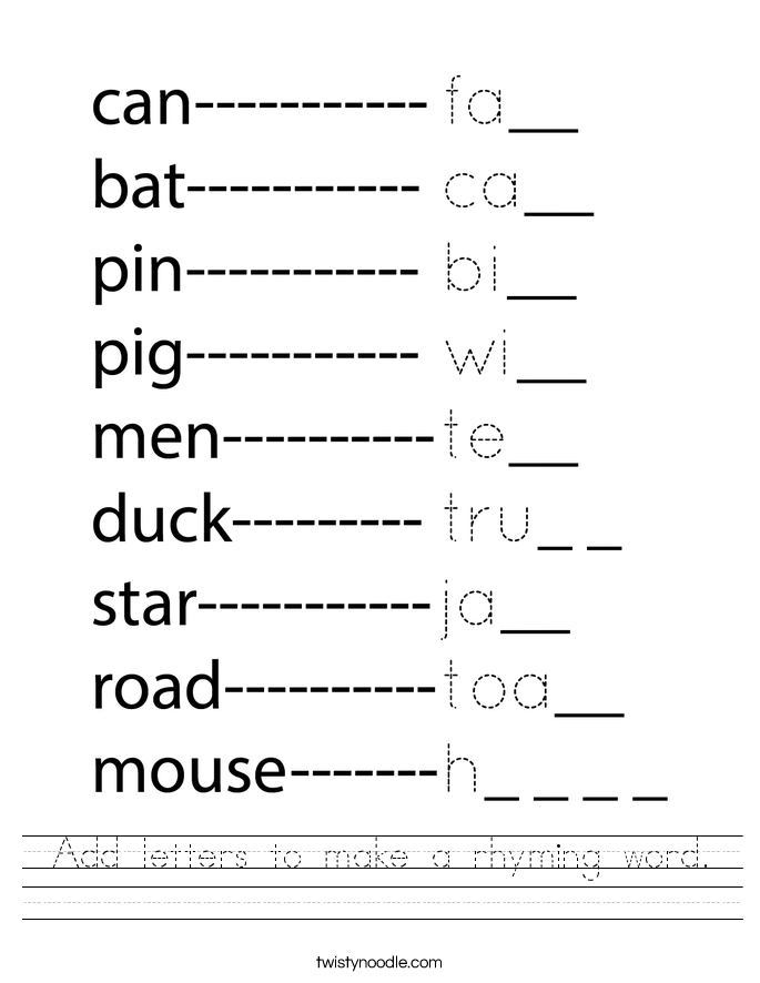 Add letters to make a rhyming word. Worksheet