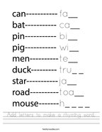 Add letters to make a rhyming word Handwriting Sheet