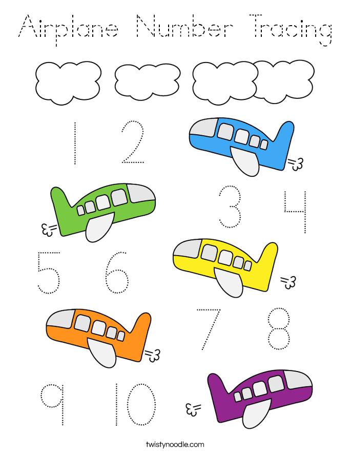 Airplane Number Tracing Coloring Page