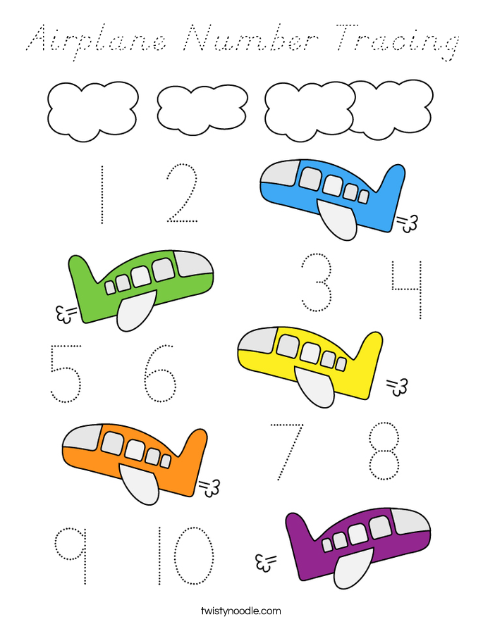 Airplane Number Tracing Coloring Page