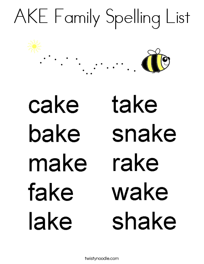 AKE Family Spelling List Coloring Page - Twisty Noodle