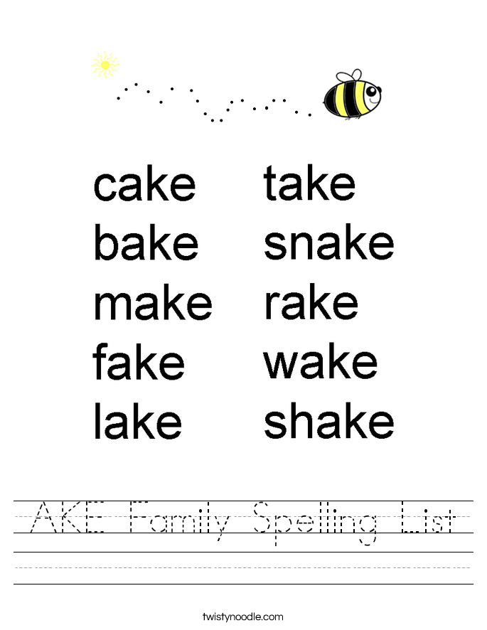 AKE Family Spelling List Worksheet - Twisty Noodle