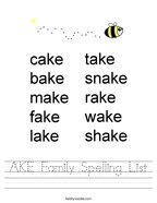 AKE Family Spelling List Handwriting Sheet