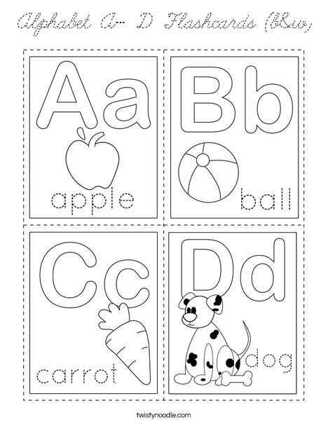 Alphabet A- D Flashcards (b&w) Coloring Page
