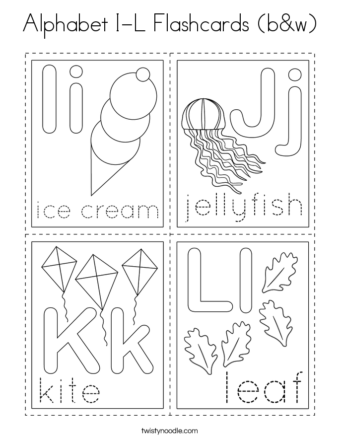 Alphabet I-L Flashcards (b&w) Coloring Page