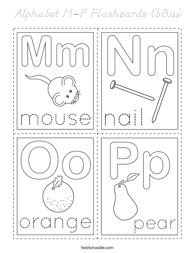 Alphabet M-P Flashcards (b&w) Coloring Page