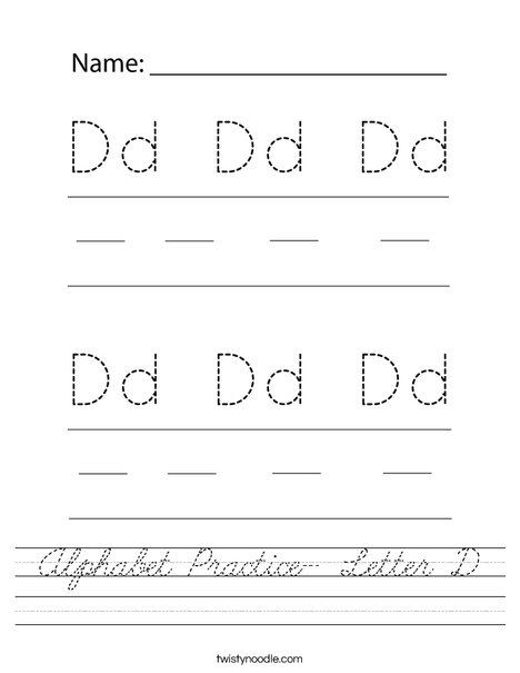 Alphabet Practice- Letter D Worksheet - Cursive - Twisty Noodle