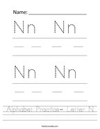 Alphabet Practice- Letter N Handwriting Sheet