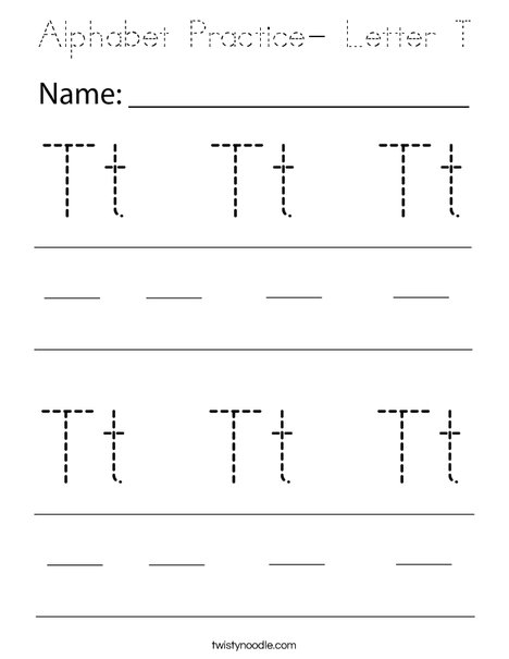 Alphabet Practice- Letter T Coloring Page - Tracing - Twisty Noodle