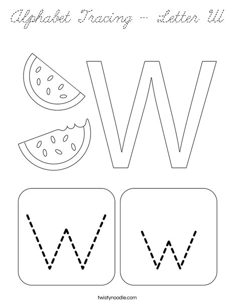 Alphabet Tracing - Letter W Coloring Page - Cursive - Twisty Noodle
