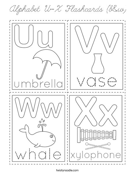 Alphabet U-X Flashcards (b&w) Coloring Page