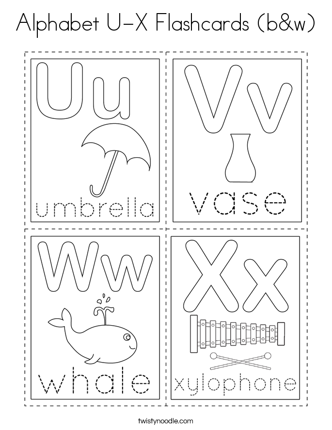 Alphabet U-X Flashcards (b&w) Coloring Page