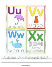 Alphabet U-X Flashcards (color) Handwriting Sheet