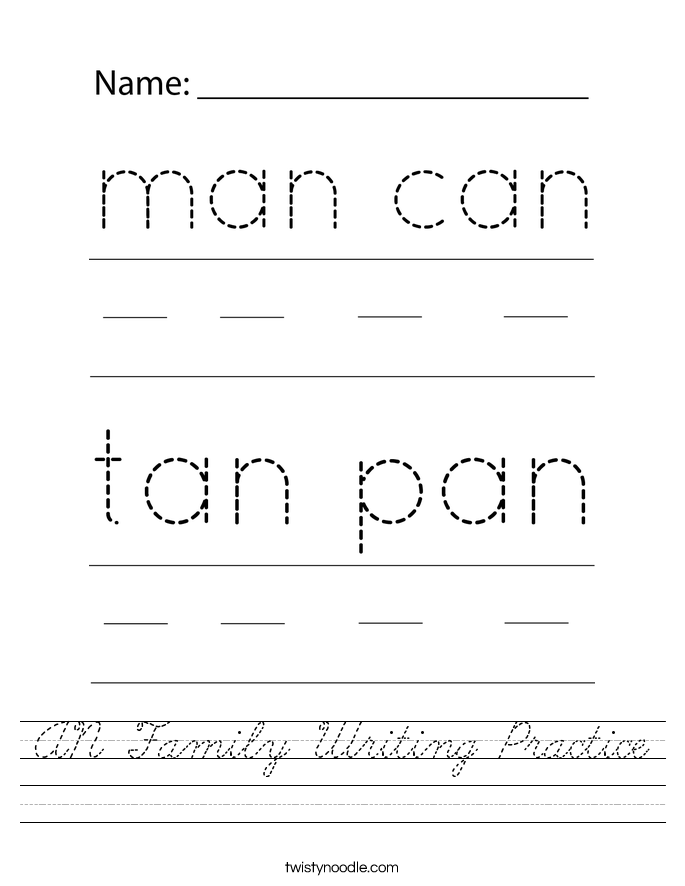 AN Family Writing Practice Worksheet
