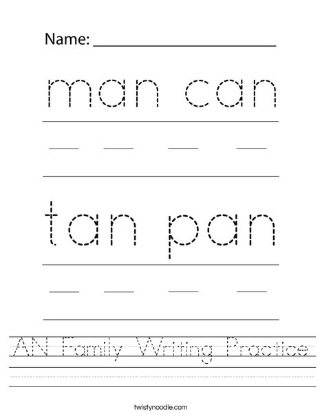 AN Family Writing Practice Worksheet