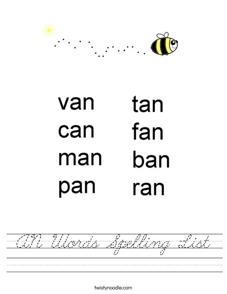 AN Words Spelling List Worksheet