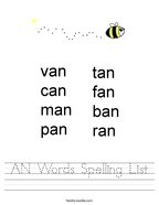 AN Words Spelling List Handwriting Sheet