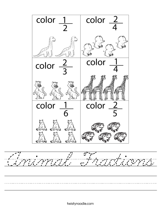 Animals math worksheets on fractions